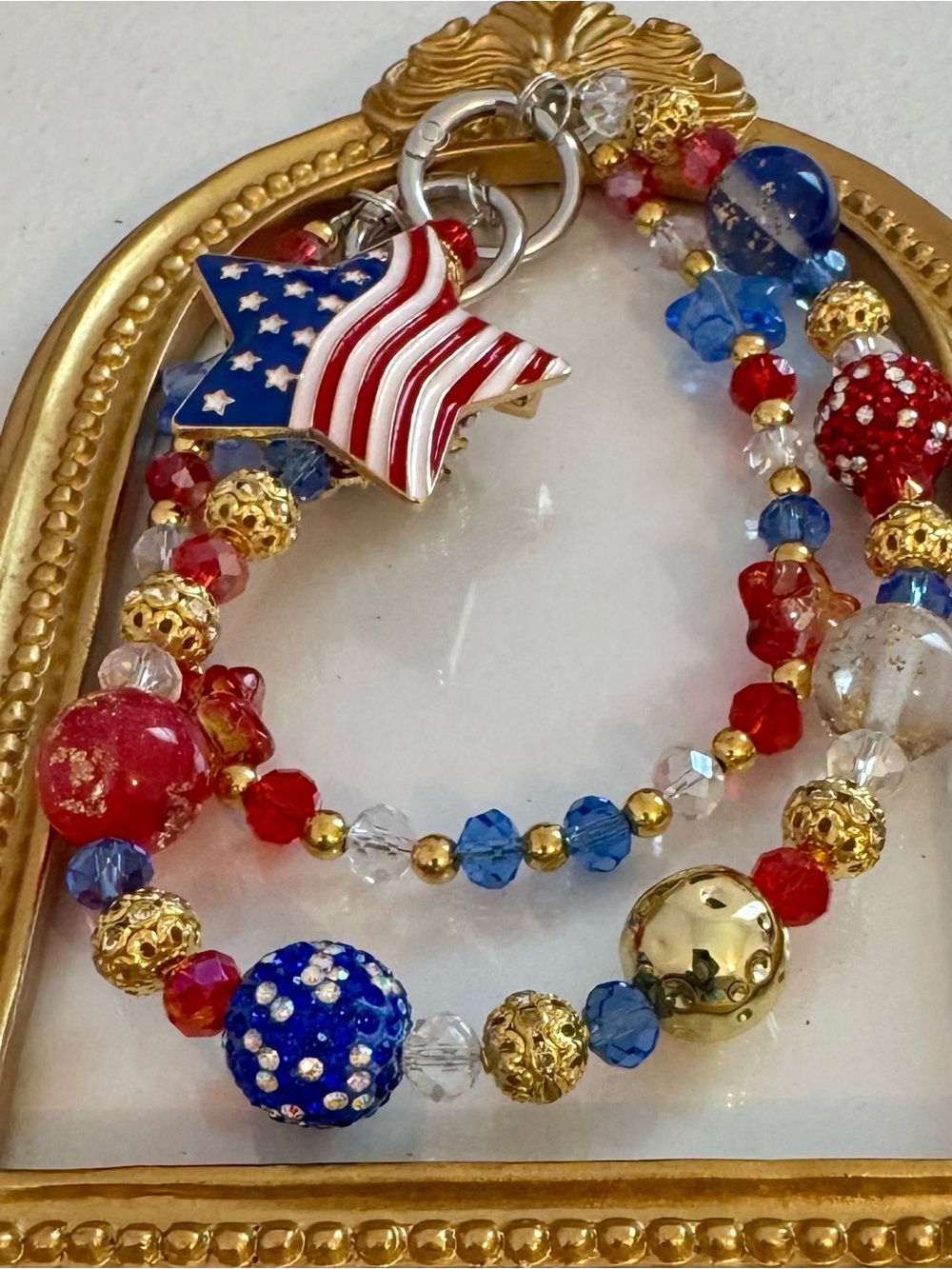 New Patriotic Red, White & Blue Beaded Star Phone Chain